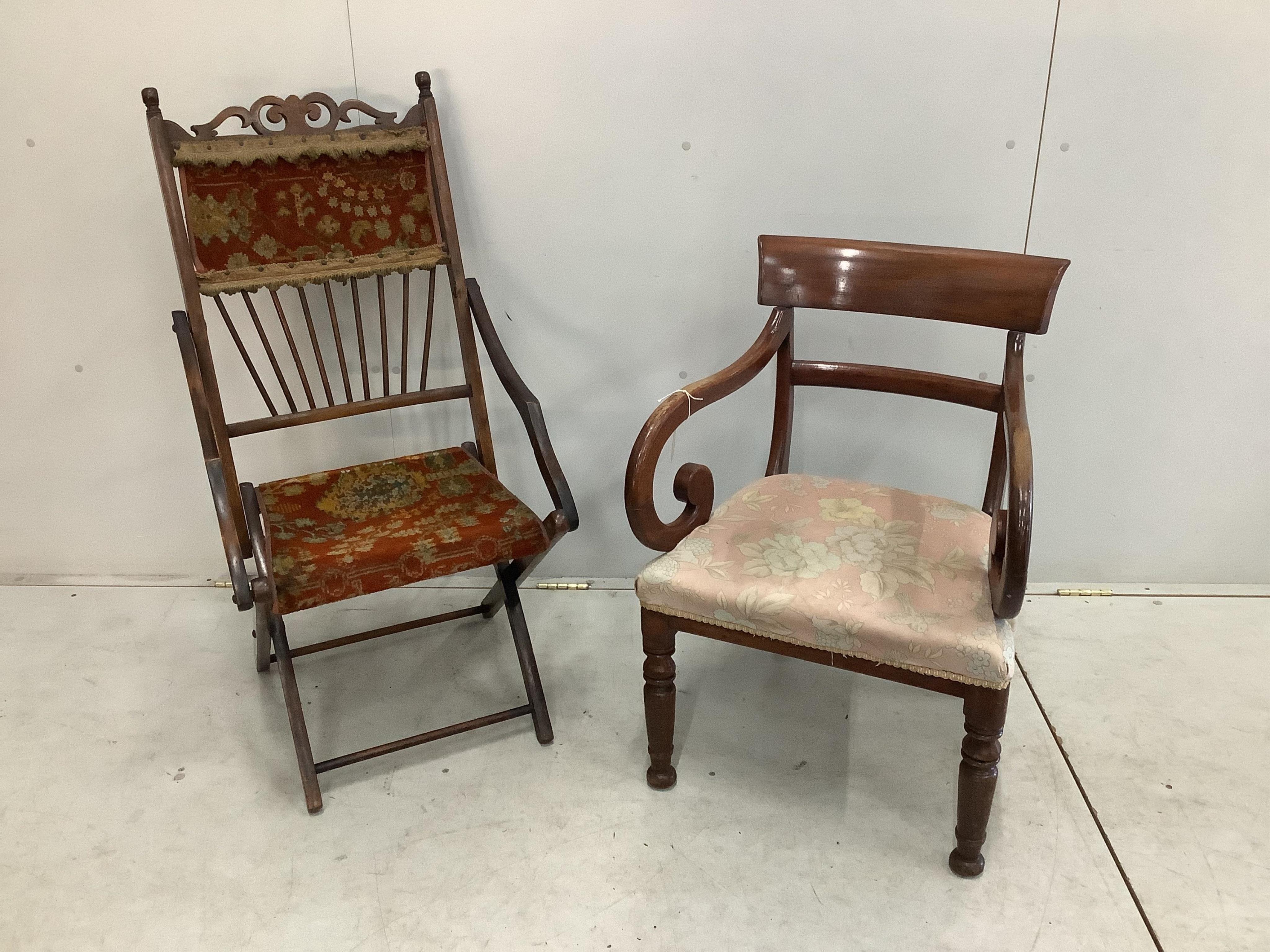 A Victorian folding chair with carpet upholstery and a Regency mahogany elbow chair. Condition - poor to fair